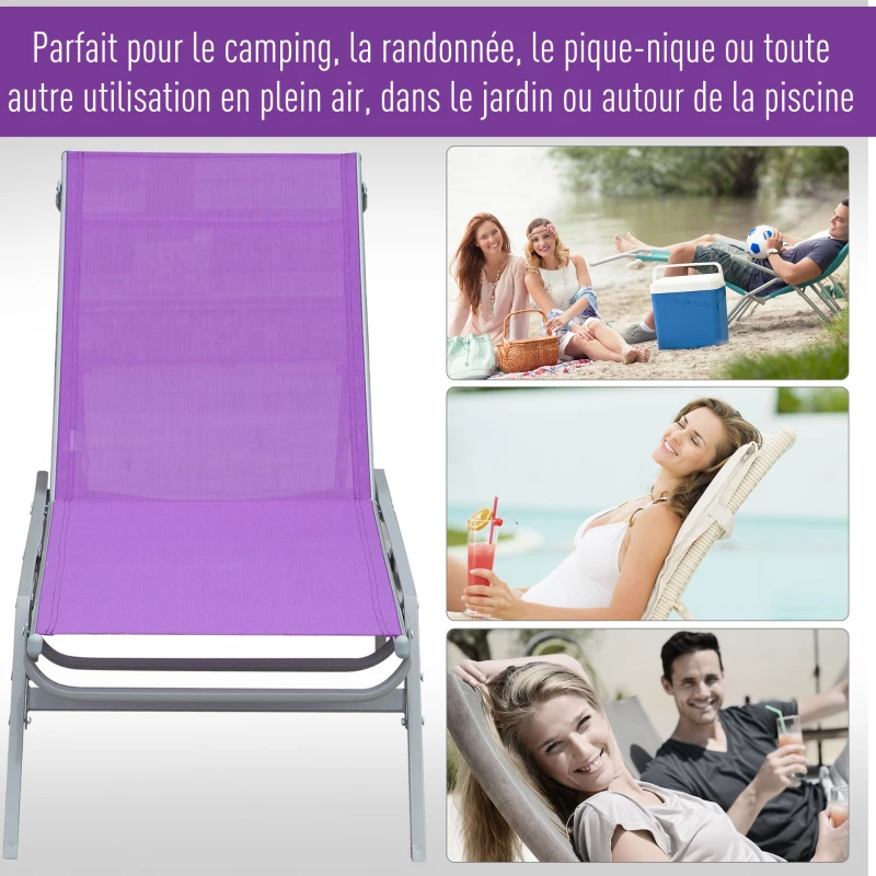 Outsunny Bain de Soleil transat - Chaise Longue - Design Contemporain - Dossier inclinable Multi-Positions - métal époxy textilène Mauve - dim. 170 x 58 x 97 cm