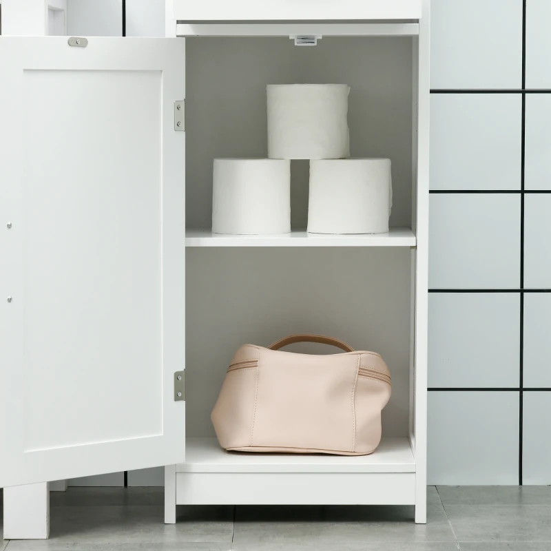 kleankin Mobile Colonna Bagno in Legno con Mensola Aperta, Cassetto e 2 Armadietti, 40x30x164 cm, Bianco