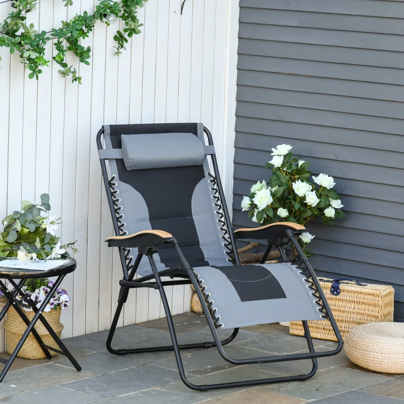 Outsunny Chaise Longue Pliable zéro gravité Dossier réglable Tablette tétière métal époxy Polyester Coton Gris Noir