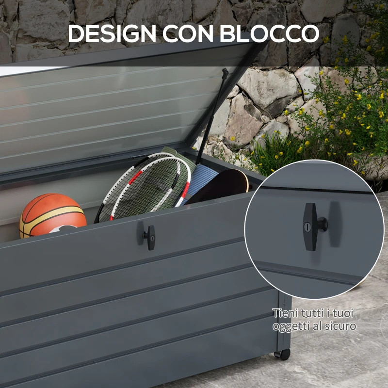 Outsunny Baule da Esterno da 311L con Serratura e 2 Maniglie, in Acciaio Zincato, 120x62x66 cm, Grigio Scuro