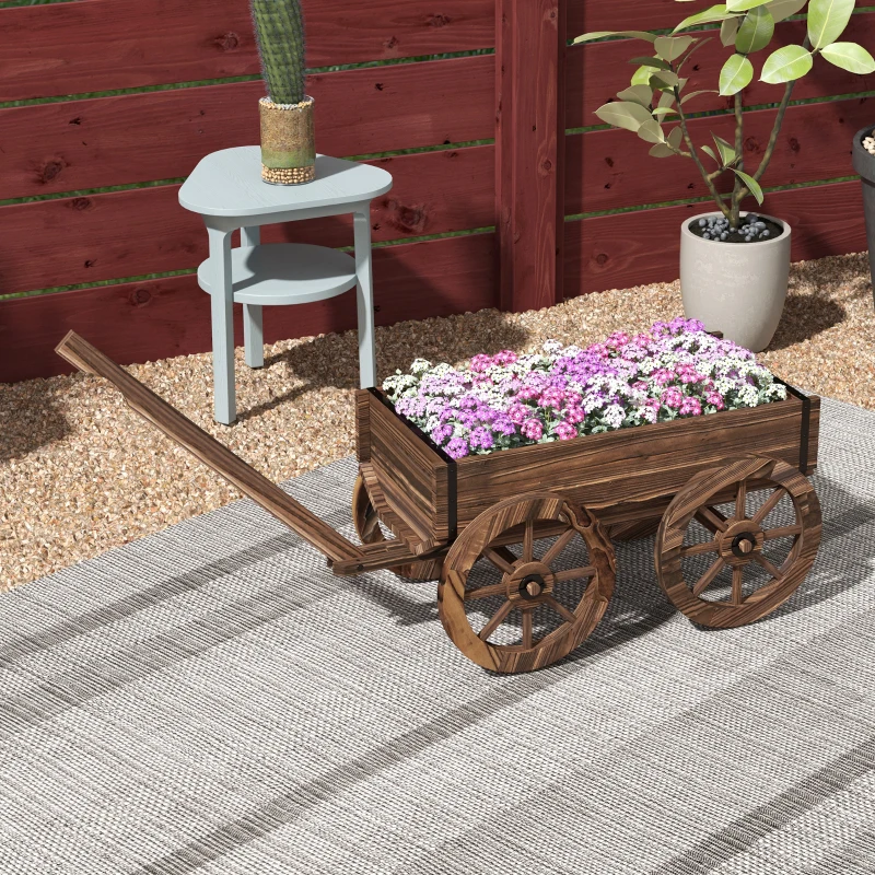 Outsunny Chariot à fleurs en bois avec roues et poignée, bac à fleurs, brouette avec trous de drainage, 120 x 41 x 54 cm, marron