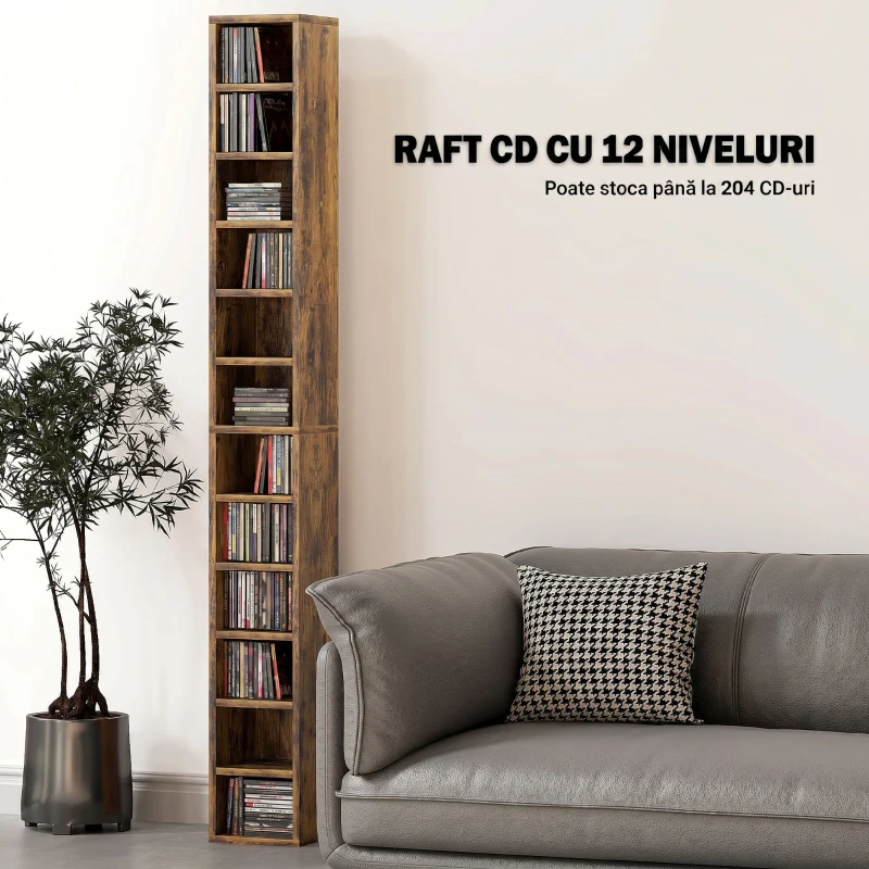 HOMCOM Bibliotecă suport pentru CD-uri cu 12 polițe, pentru 204 CD-uri, din MDF și PAL, 21x20x175 cm, maro rustic