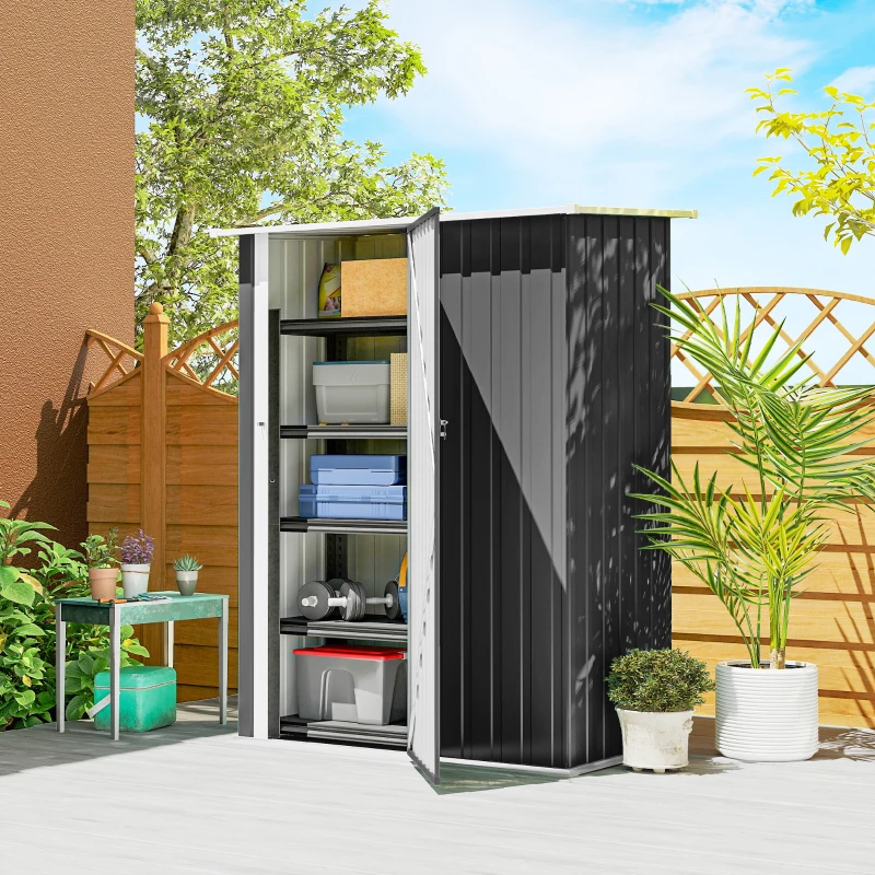 Outsunny Capanno Porta Attrezzi in Metallo con Tetto Inclinato e Porta Bloccabile, 142x86x189 cm, Grigio Scuro