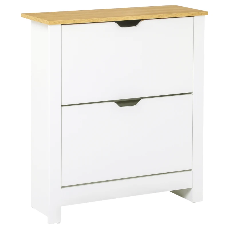 HOMCOM Meuble à chaussures 12 paires, armoire à chaussures étroite avec 2 tiroirs rabattables et étagères réglables, style moderne, pour couloir, entrée, 72 x 26 x 80 cm, blanc et bois naturel