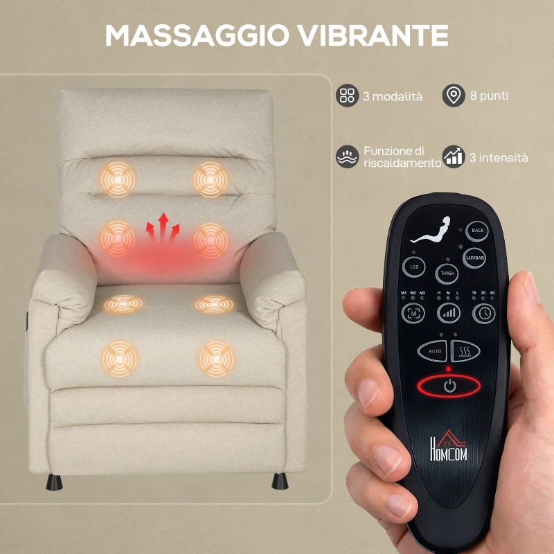 HOMCOM Poltrona Reclinabile con Poggiapiedi, Riscaldamento, 8 Punti Massaggio e 5 Modalità, Tessuto Vellutato, Beige