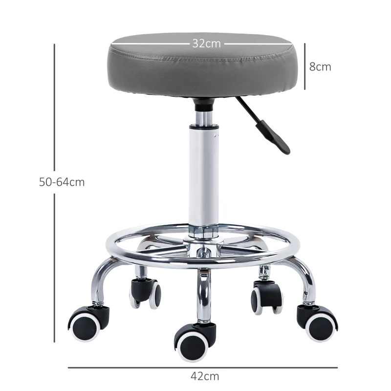 Vinsetto PU Leather Rolling Stool, Height Adjustable Stool Chair with Wheels for Salon, Massage, Spa, Grey