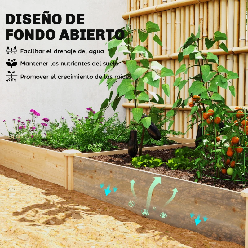 Outsunny Jardinera Elevada de Madera Huerto Urbano para Cultivar Plantas con Divisor y Base Abierta 235x121x26 cm Natural