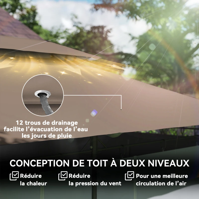 Outsunny Tonnelle de jardin extérieur pavillon 6 colonnes double toit 12 oeillets de drainage en métal 3x4m kaki