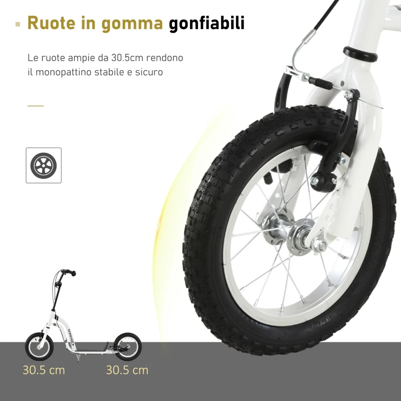 HOMCOM Monopattino con Manubrio Regolabile, Ruote Grandi, 2 Freni e Telaio in Metallo, per Bambini 5+ Anni, Max 100kg, 120x58x85-95cm, Bianco