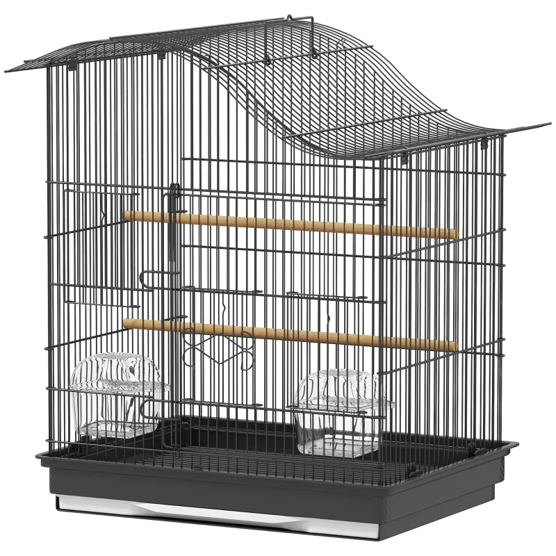PawHut Gabbia per Uccelli a 4 Porte con 2 Ciotole, 2 Posatoi e Vassoio, in Metallo e Plastica, 47.5x36x54.5 cm, Nero