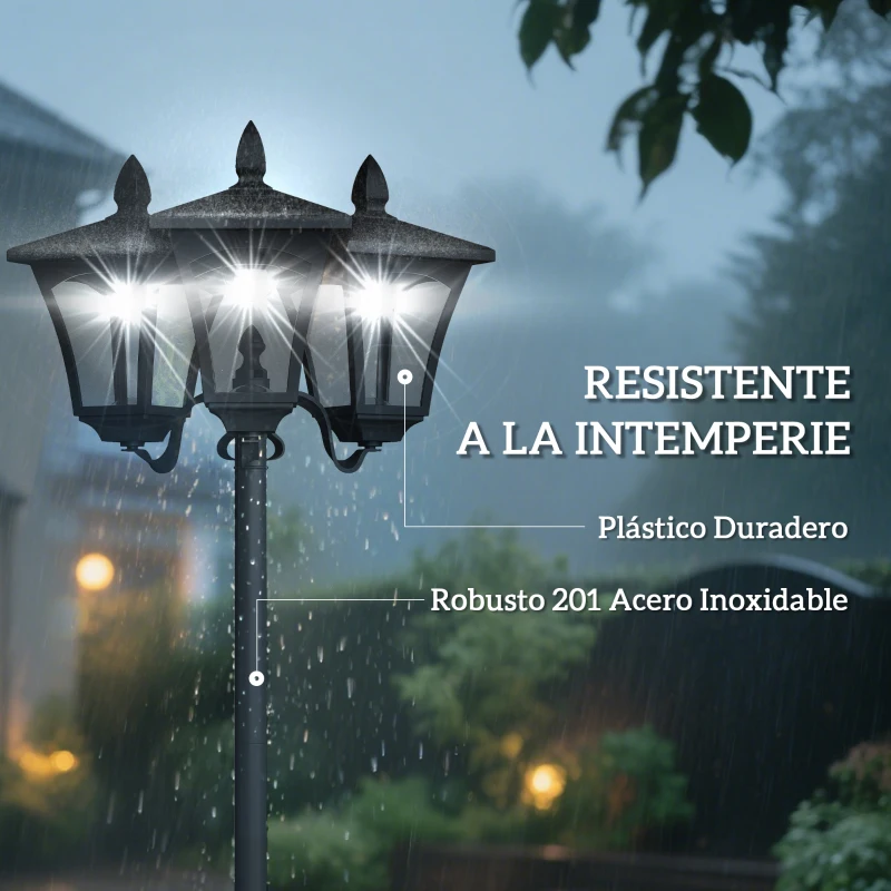 Outsunny Farola Solar de Jardín con 3 Luces LED Impermeable IP44 Sensor de Noche Farol de Exterior 51,5x47x182,5cm Negro