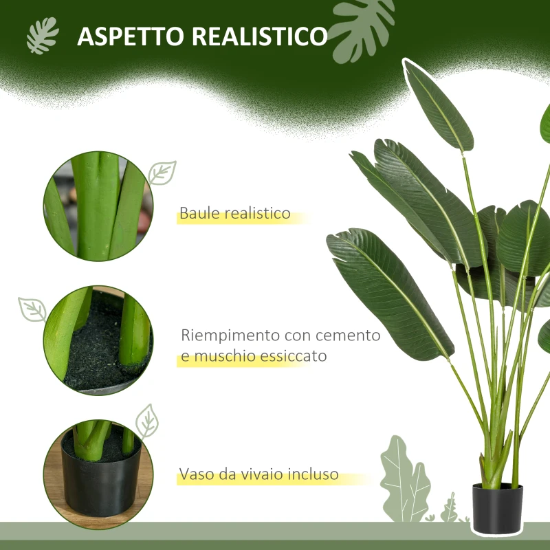 HOMCOM Albero Artificiale di Banano 160 cm con Vaso e 10 Foglie Realistiche, Pianta Finte Tropicale per Decorazioni Interni ed Esterni, Verde