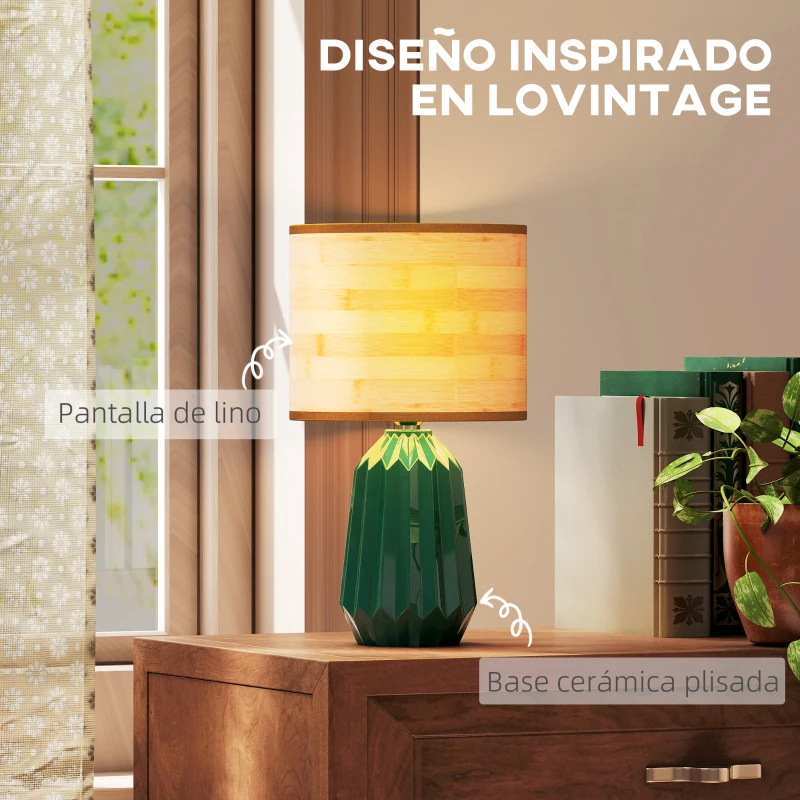 HOMCOM Lámpara de Mesa con Base de Cerámica y Pantalla de Lino Estilo Retro para Dormitorio 40W Verde y Madera Natural