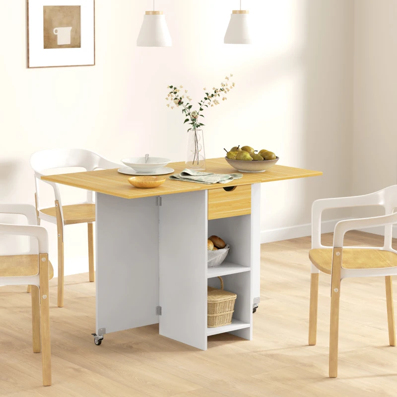 HOMCOM Masă de dining pliabilă pentru 2-4 persoane cu 2 extensii, sertar și rafturi, stejar