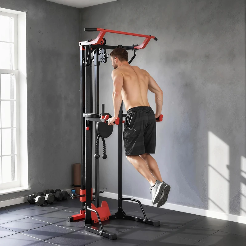 SPORTNOW Power Tower with Lat Pull Down Machine, Pull Up Bar, Dip Station, Adjustable Height Power Pack for Home Gym