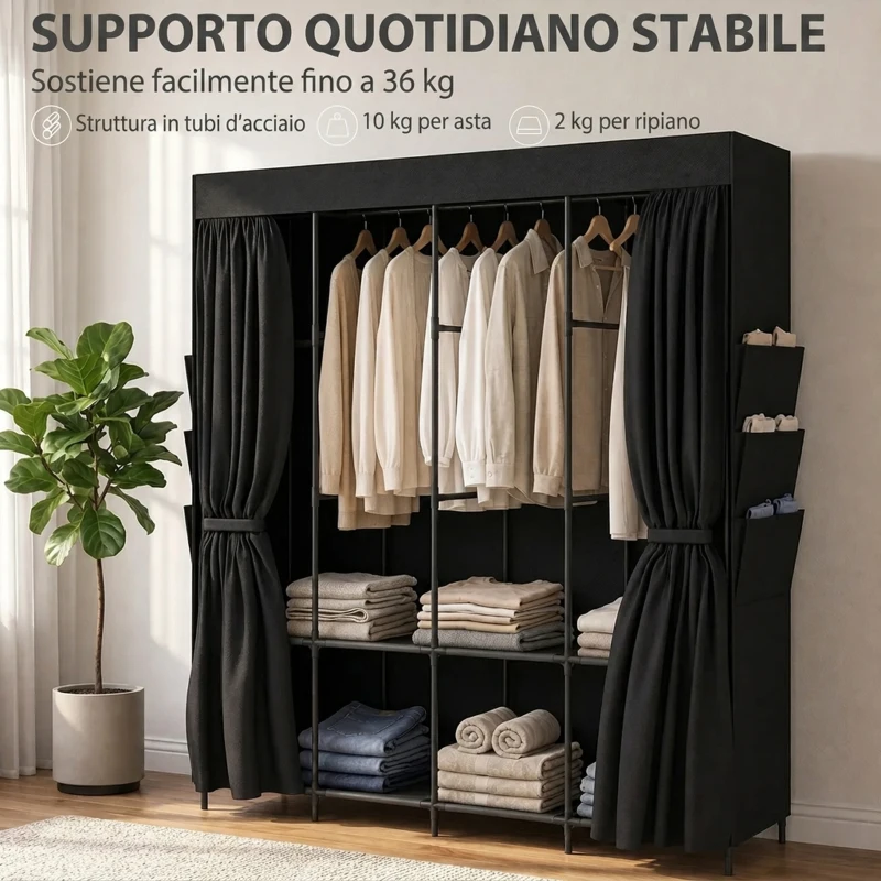 HOMCOM Armadio in Tessuto Salvaspazio con 3 Aste, 3 Ripiani, 6 Tasche Laterali, Ante Antipolvere con Zip, Nero