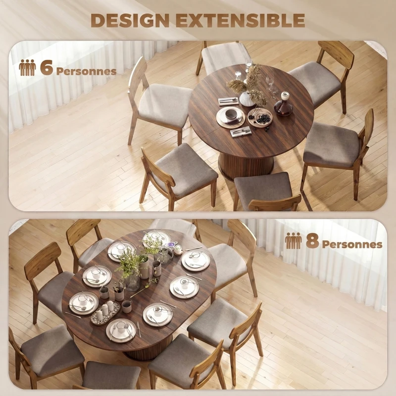 HOMCOM Table à Manger Extensible pour 6 à 8 Personnes, 110-150 cm, Table de Cuisine Ovale avec Piètement Central Rond, Noyer