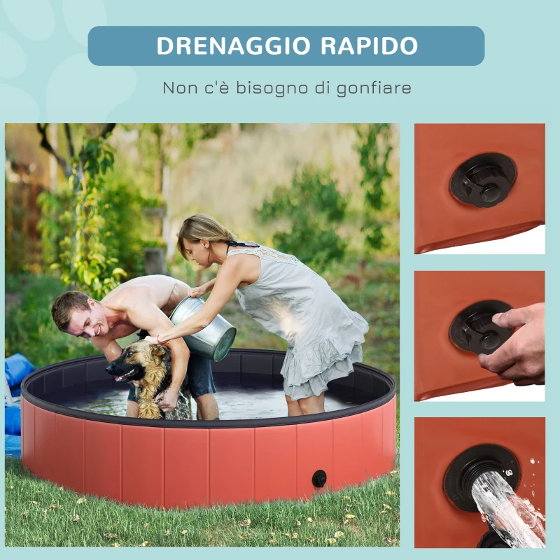 PawHut Piscina Vasca da Bagno Portatile Pieghevole per Cani Animali Domestici in PVC Φ140 x 30cm Rosso
