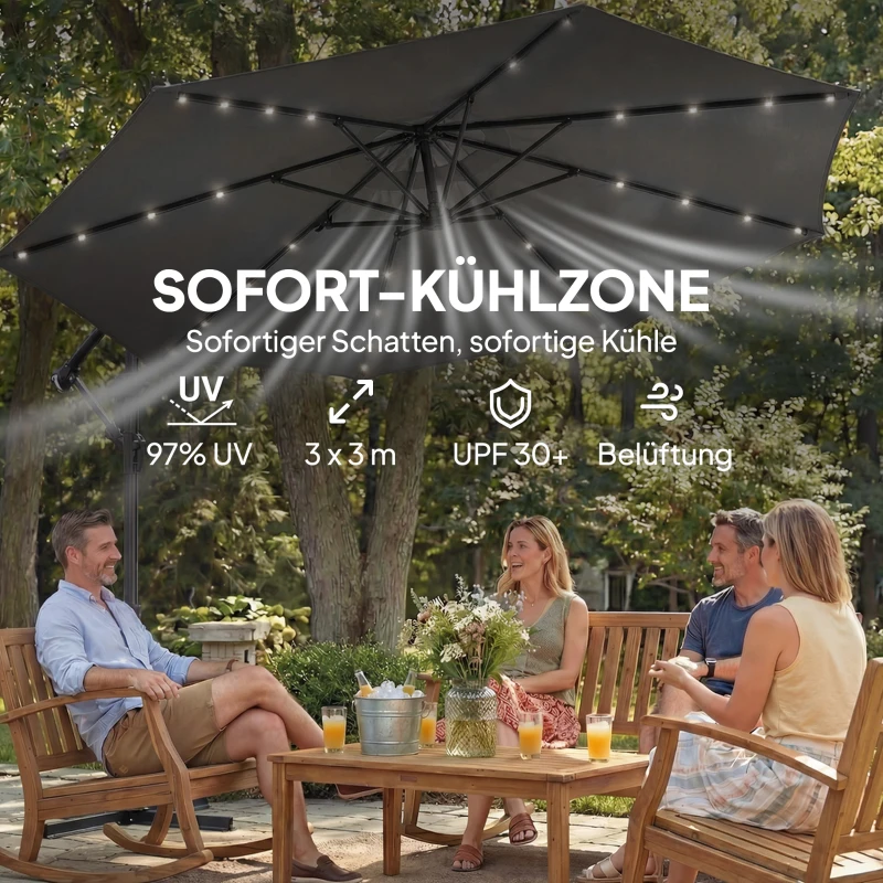 Outsunny Ampelschirm LED Solar ca. Ø300 cm Drehbar Sonnenschirm mit Kurbel Ständer Schutzhülle Dunkelgrau