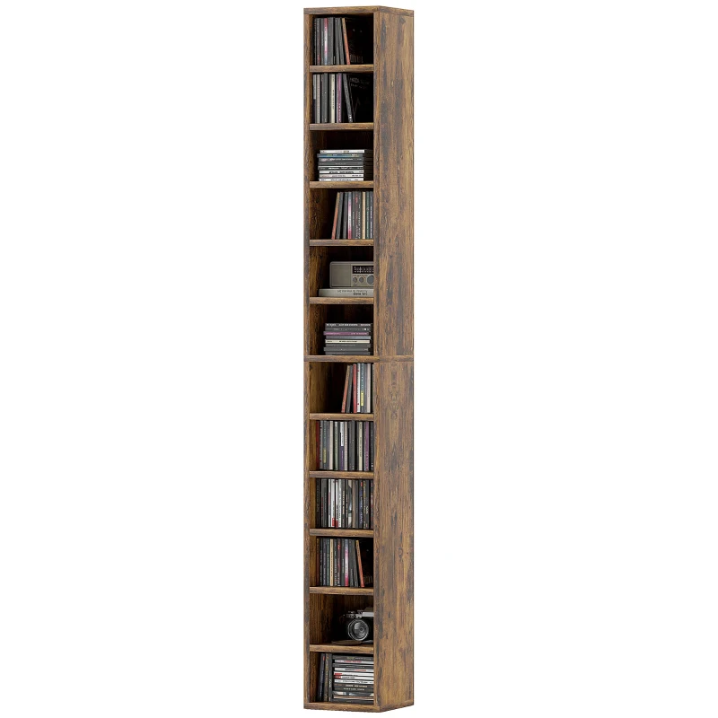 HOMCOM Bibliotecă suport pentru CD-uri cu 12 polițe, pentru 204 CD-uri, din MDF și PAL, 21x20x175 cm, maro rustic