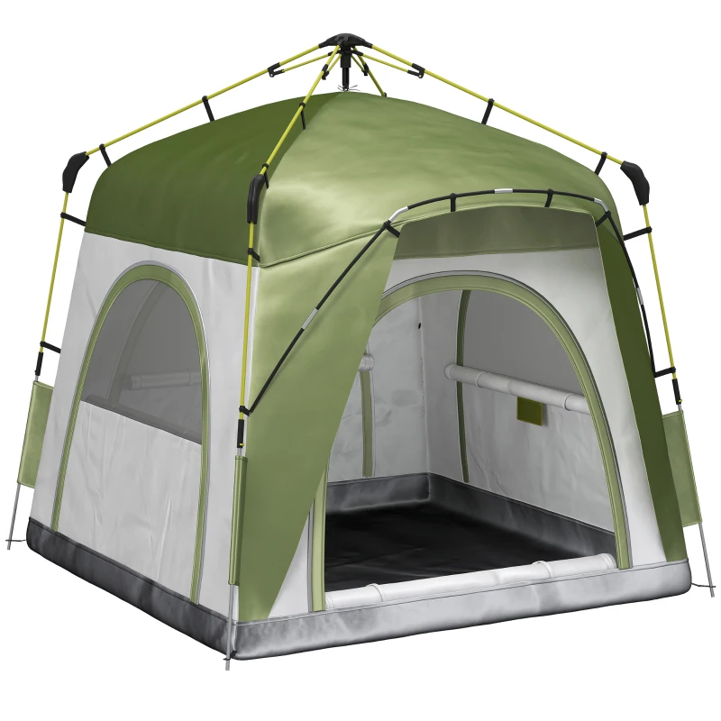 Outsunny Tente de camping pop-up 3 personnes, dôme familiale avec 4 portes, 4 fenêtres et sac de transport – Vert et gris