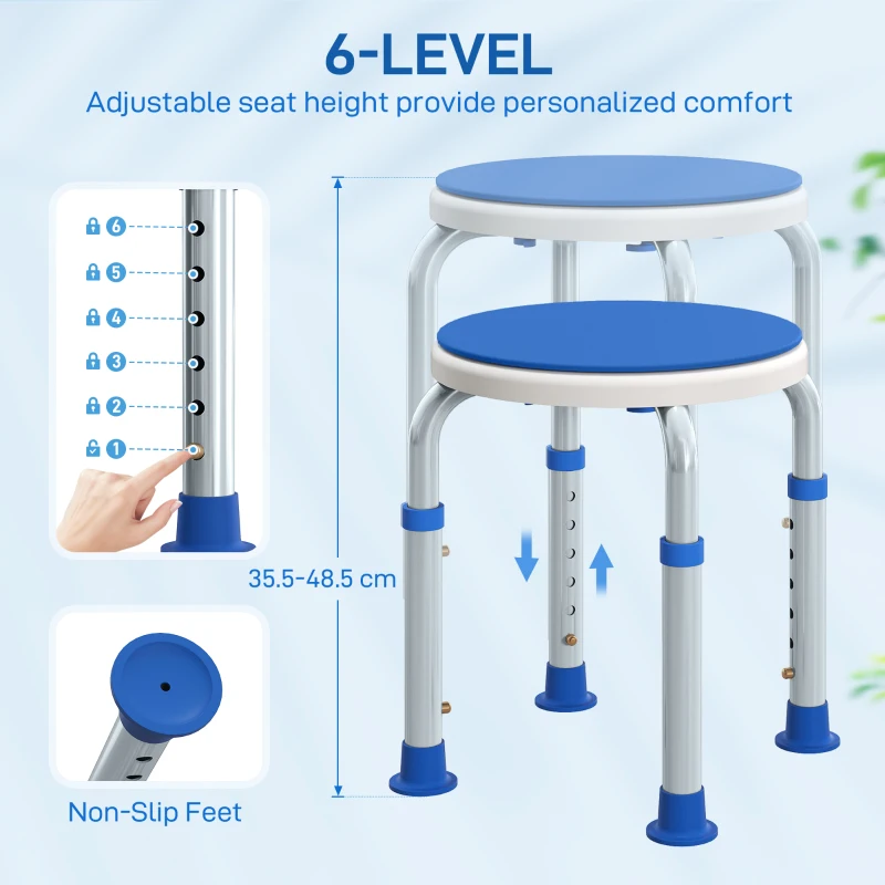 HOMCOM 360° Swivel Shower Chair, Height Adjustable Aluminium Shower Stool with Non-Slip Feet for Disabled, Elderly, Blue