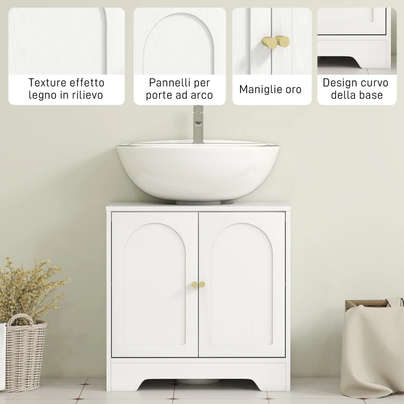 HOMCOM Mobile Sotto Lavabo Bagno a 2 Ante con Ripiano Regolabile su 3 Livelli, in Legno, 60x30x65 cm, Bianco