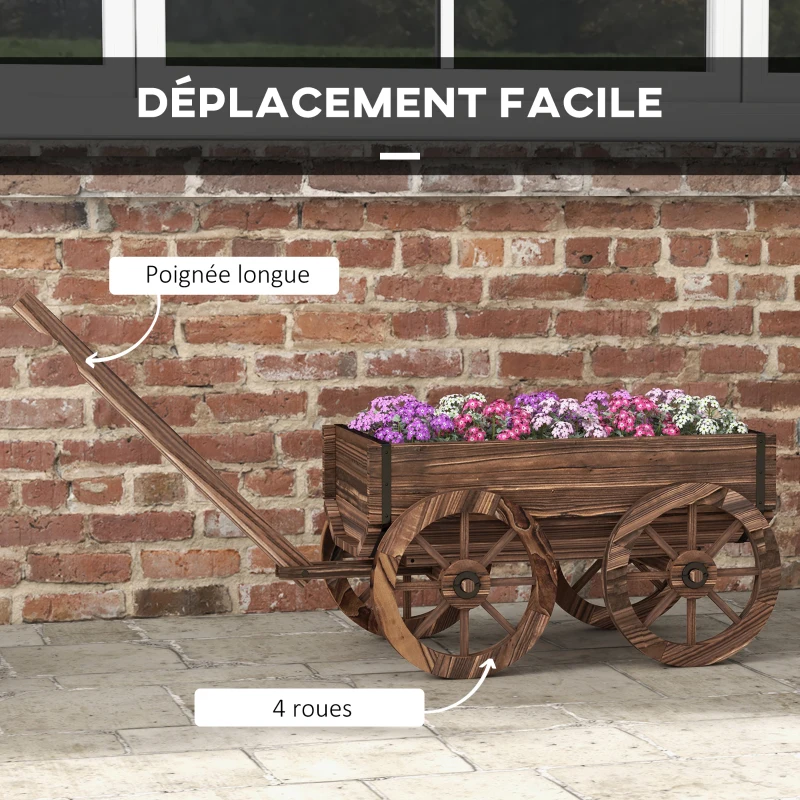 Outsunny Chariot à fleurs en bois avec roues et poignée, bac à fleurs, brouette avec trous de drainage, 120 x 41 x 54 cm, marron