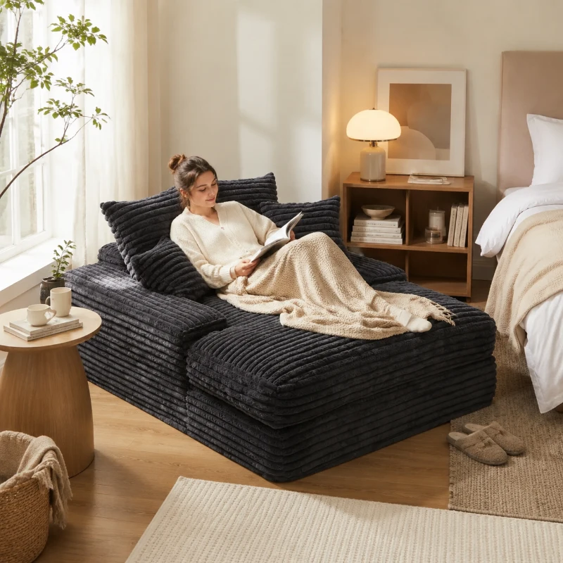 Luxueuze ribfluwelen slaapbank, multifunctionele slaap- met 4 afneembare, 175x137x63 cm, Grijs