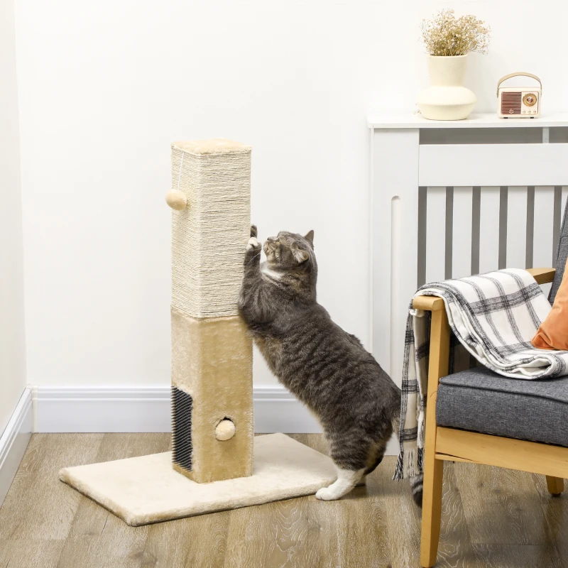 PawHut Poste Rascador para Gatos 79 cm Arañador para Gatos con Bola Colgante Poste de Yute 59,5x39x79 cm Beige y Crema