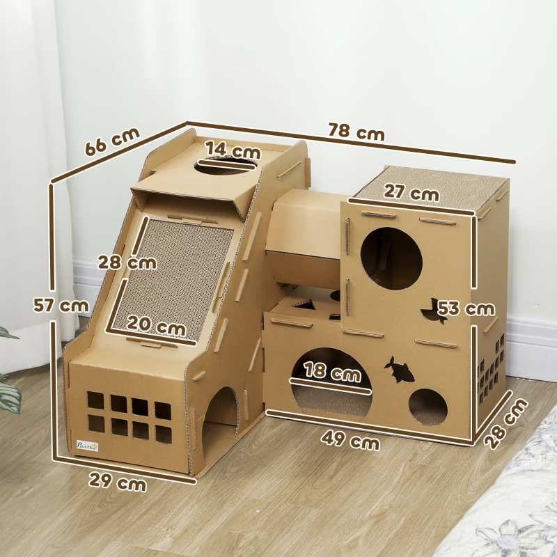 PawHut Casa para Gatos de Cartón Forma Castillo 2 Niveles con 3 Zonas de Rascado Túnel Rampa Incluye Hierba Marrón