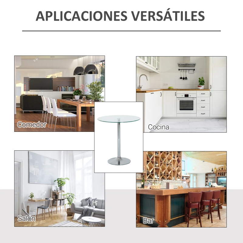 HOMCOM Mesa de Comedor Redonda para 2 Personas Mesa de Cocina Moderna con Superficie de Vidrio Templado para Salón Plateada