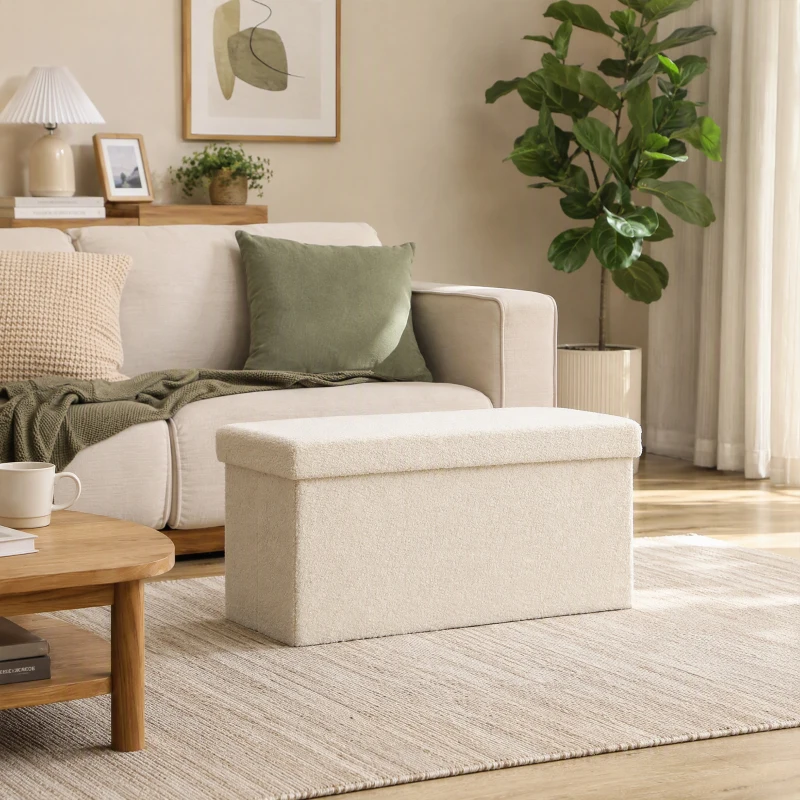 HOMCOM Bancă de depozitare 84 L, Puf pliabil căptușit din pluș teddy, Capăt de pat, Sarcină 120 kg, 76 x 38 x 38 cm, Crem
