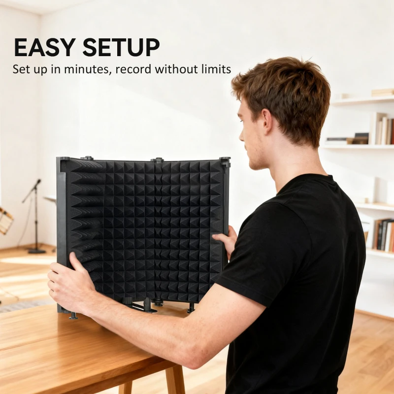 HOMCOM Studio Microphone Isolation Shield, Foldable Adjustable Recording Studio Equipment, 3-Panel High Density Absorbent Foam Shield with 3/8" Threaded Mount, Black