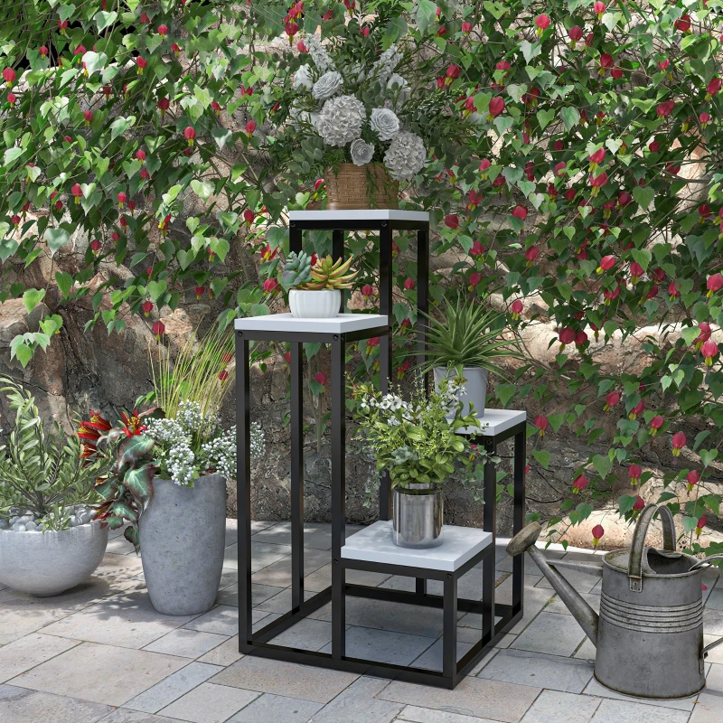 Outsunny Blumenregal, 4 Etagen, Indoor & Outdoor, Metallrahmen, 34L x 34B x 70H cm, Schwarz+Weiß