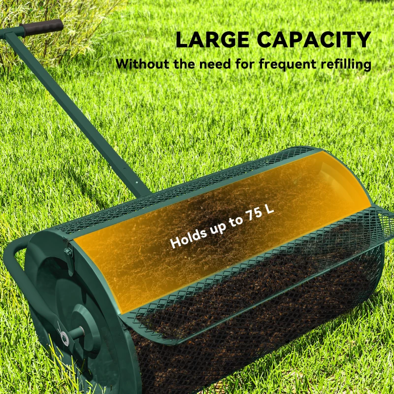 Outsunny Compost Spreader, 24" Peat Moss Spreader with Height Adjustable T Shaped Handle and Metal Mesh Basket, Garden Spreader for Seeding, Spreading Manure, Green