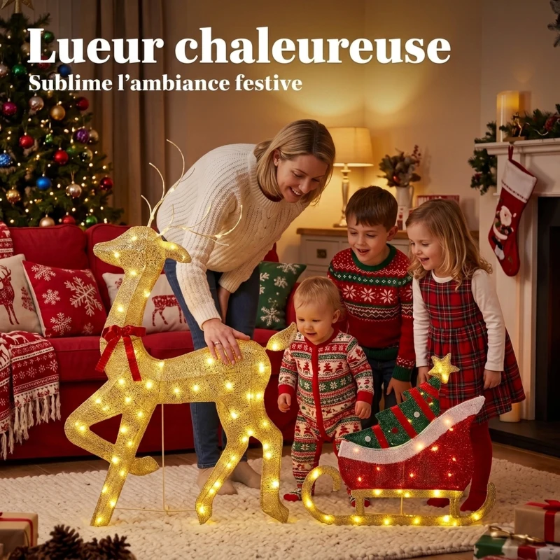 Outsunny Renne et traîneau lumineux, décoration de Noël extérieure, 95 LED blanc chaud, 8 modes, minuterie quotidienne