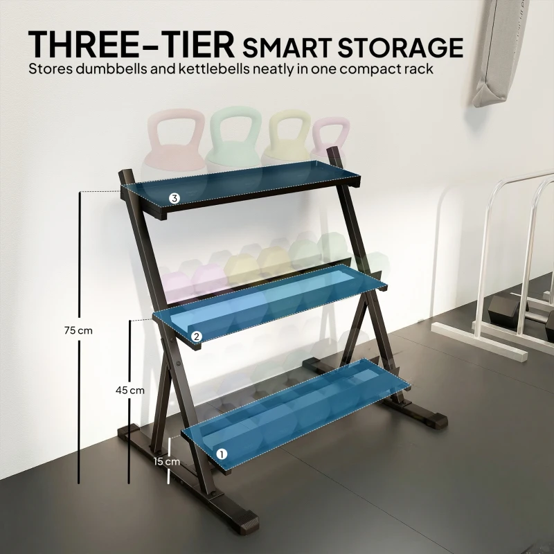 SPORTNOW 3-Tier Adjustable Dumbbell Rack, Heavy-Duty Weight Rack for Dumbbells, Kettlebells and Multiple Balls, Space-Saving Weight Storage Stand for Home Gym, 200 KG Capacity