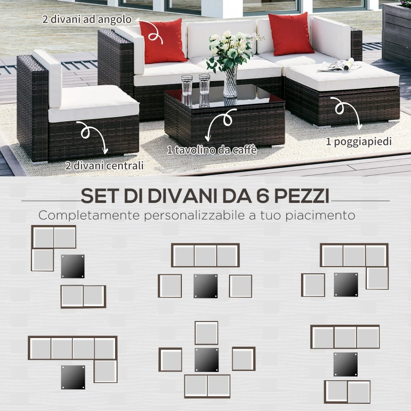 Outsunny Set Mobili da Giardino in Rattan PE 4 Poltrone 1 Pouf 1 Tavolino in Vetro Temperato 2 Cuscini