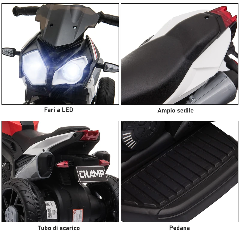 HOMCOM Moto Elettrica per Bambini 3-5 Anni, Batteria 6V con Pedale, Fari, Musica e Clacson, 3 km/h, Max 25kg, Rosso