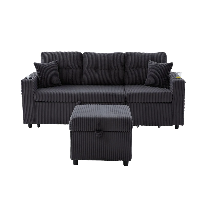 Modern Corduroy Sofa Bed with Pull-Out Bed, Storage and LED Lighting, Plush Sleeper Couch for Living Rooms, 196L × 82W × 85H cm, Dark Gray