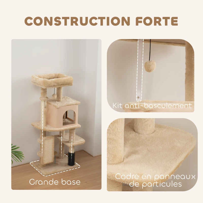 PawHut Arbre à chat, tour de jeux, hauteur de 132 cm, avec lit, maison, brosse de toilettage,  55 x 44 x 132 cm, beige