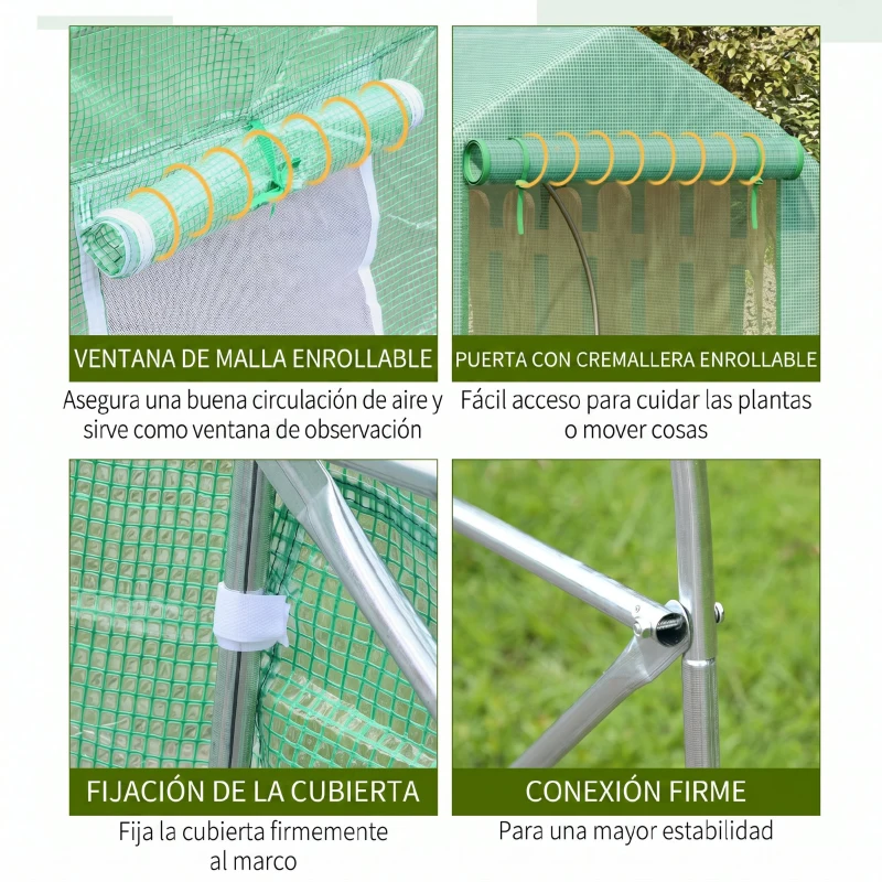 Outsunny Invernadero de Túnel 450x300x205 cm Invernadero de Jardín con 6 Ventanas Cubierta de Polietileno PE 140 g/m² y Estructura de Acero para Cultivo Plantas Jardín Terraza Verde