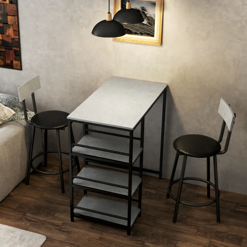 HOMCOM Ensemble table de bar avec 2 tabourets et étagères de rangement pour salle à manger, cuisine, gris et noir
