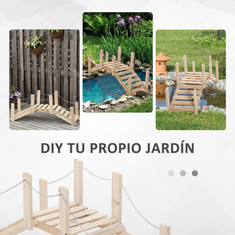 Outsunny Puente de Jardín de Madera con Pasamanos Puente Decorativo para Estanque Carga 5 kg 100x32x48 cm Natural
