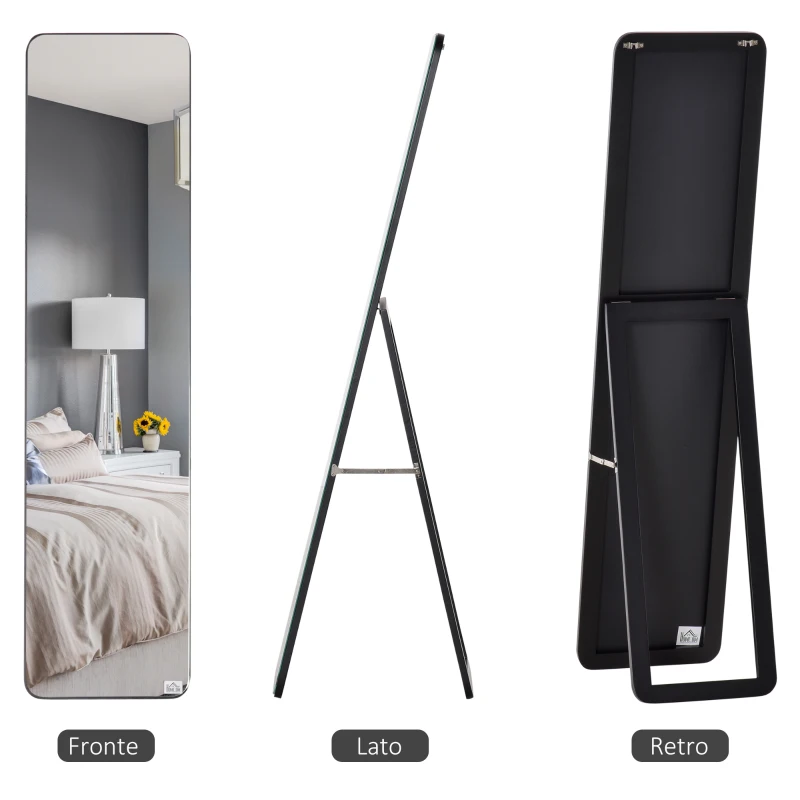 HOMCOM Specchio da Terra e da Parete con Struttura in Legno e Supporto Pieghevole, 37x43x156cm, Nero