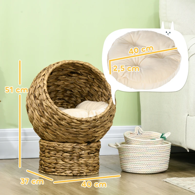 PawHut Rattan Katzenkorb Katzenhöhle Katzenhütte Katzenbett mit Kissen Haustierbett Wasserhyazinthe Braun 40 x 37 x 51 cm