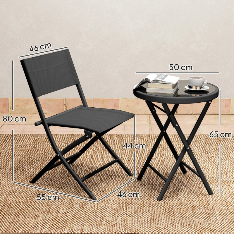 Outsunny 3 Pieces Outdoor Bistro Set, Glass Top Outdoor Table and 2 Folding Chairs with Protecting Feet, Black