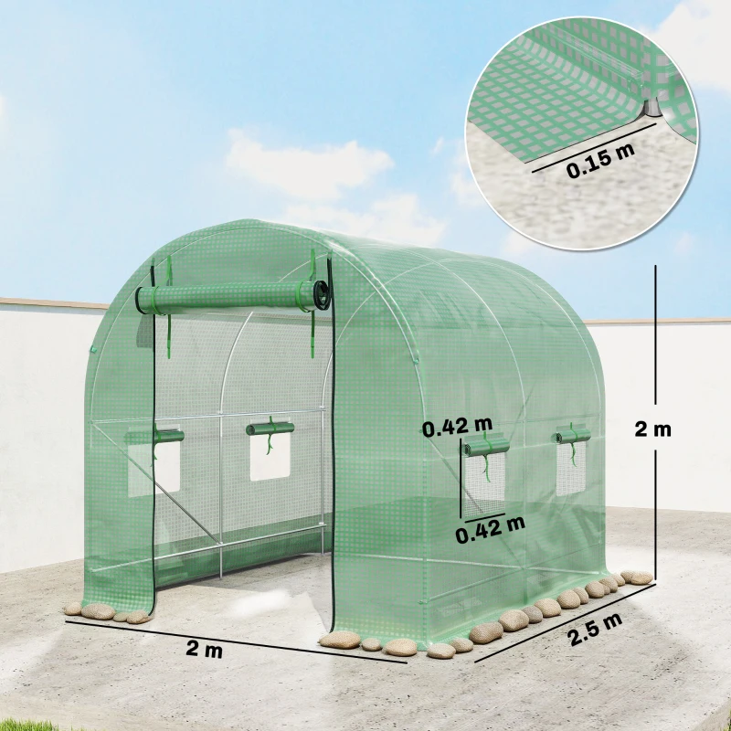 Outsunny Walk-In Garden Polytunnel Greenhouse with Steel Frame, PE Cover, Roll-Up Door and 4 Windows, 2.5 x 2m, Green