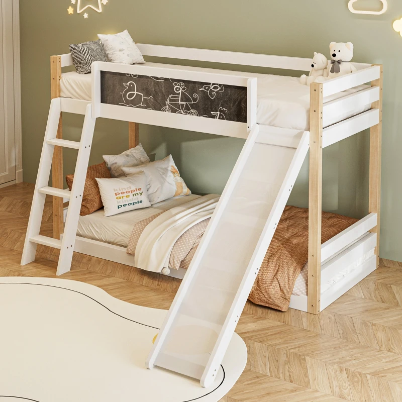 Modern High Sleeper Bunk Bed Frame with Slide and Storage Stairs, Solid Wooden Childrens Loft Bed with Safety Guardrails, 194L x 124W x 148H cm, White